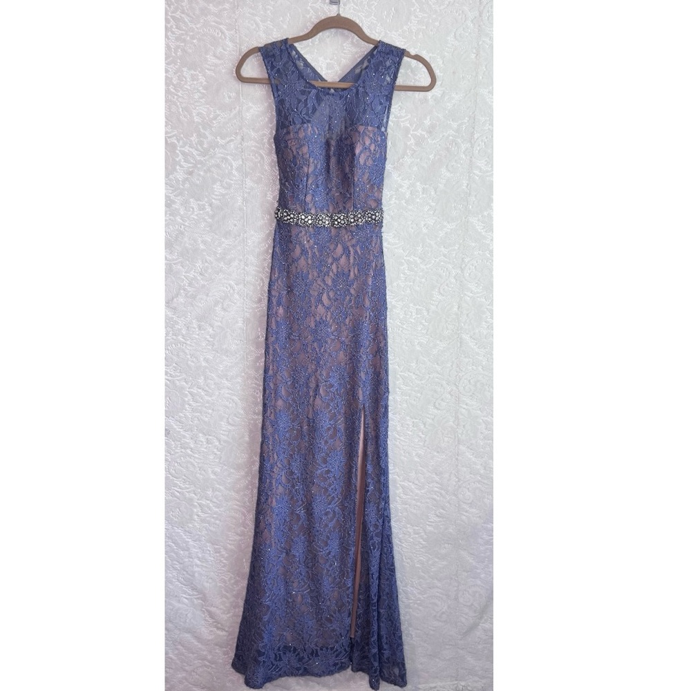 Jodi Kristopher Floral  Lace w/ Silver Gems Sleeveless Long Gown Dress